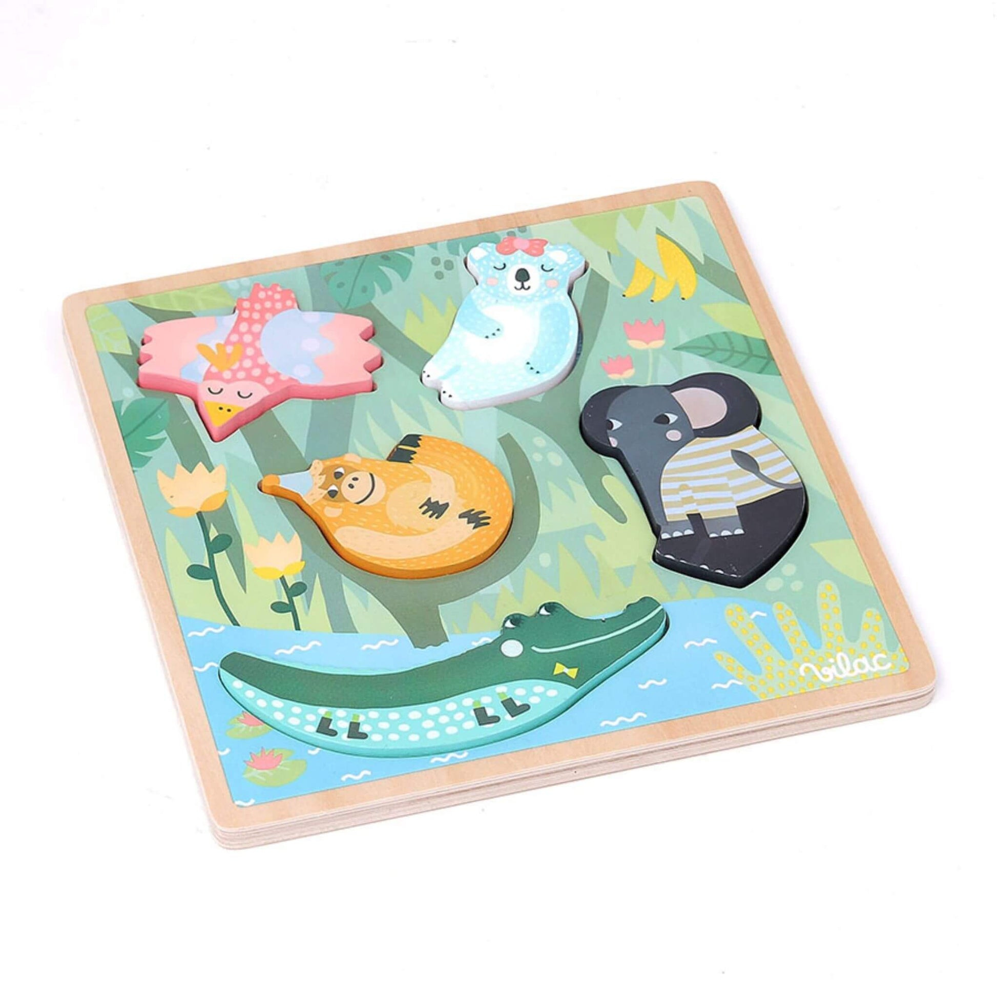 Jungle themed Touch and Feel Puzzle featuring a colourful wooden board with animal pieces securely fitted into their textured slots.
