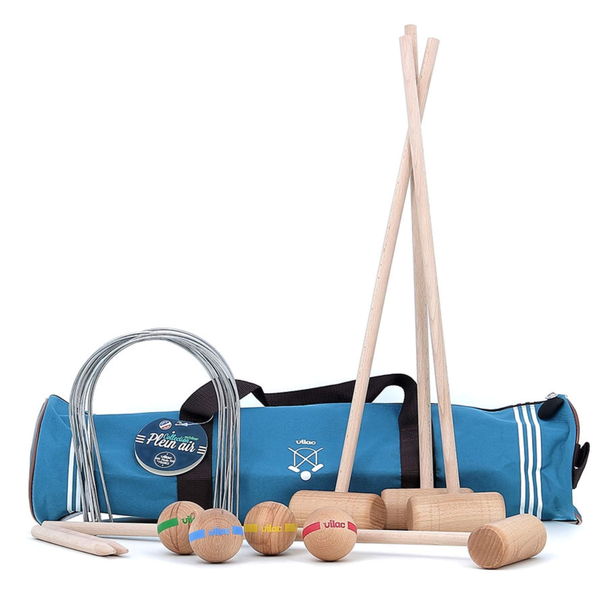 Vilac Junior Croquet Set shown with wooden mallets, coloured balls, metal hoops, and a blue carry bag.