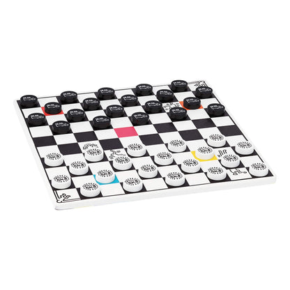Vilac Keith Haring 2-in-1 Backgammon and Draughts Set featuring bold artwork and wooden playing pieces for colourful, modern family board game fun.
