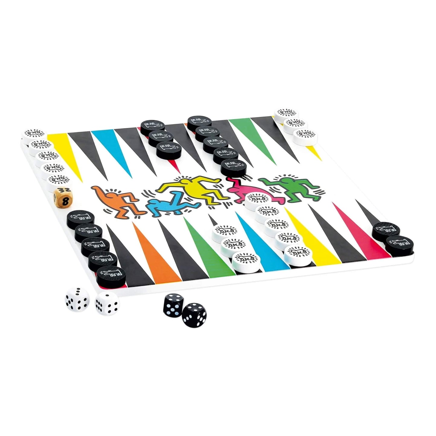 A colourful backgammon board with black and white playing pieces, dice, and Keith Haring’s iconic dancing figures in the centre.