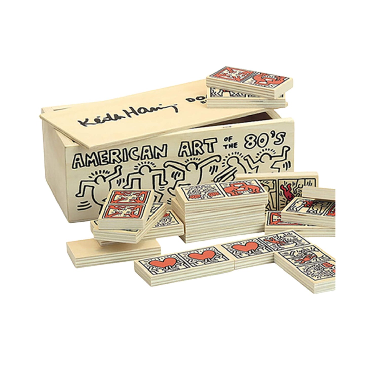 Vilac Keith Haring wooden dominoes game set in storage box, featuring bold art-inspired tiles with black and red designs for children and family play.