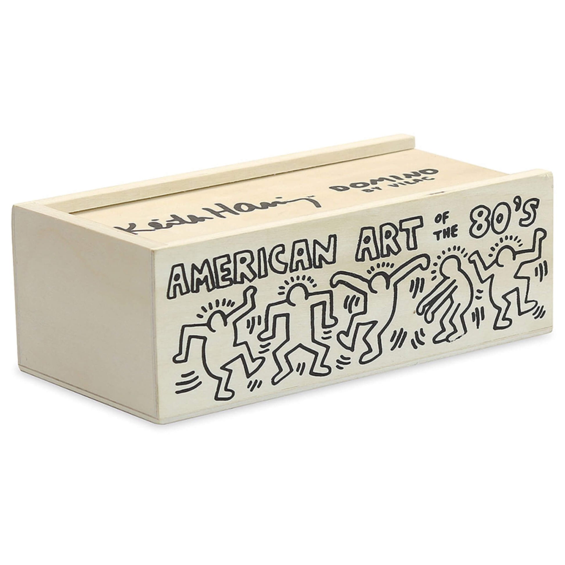 Wooden domino storage box at an angle with black line drawings of dancing figures across the side, shown with the lid closed.
