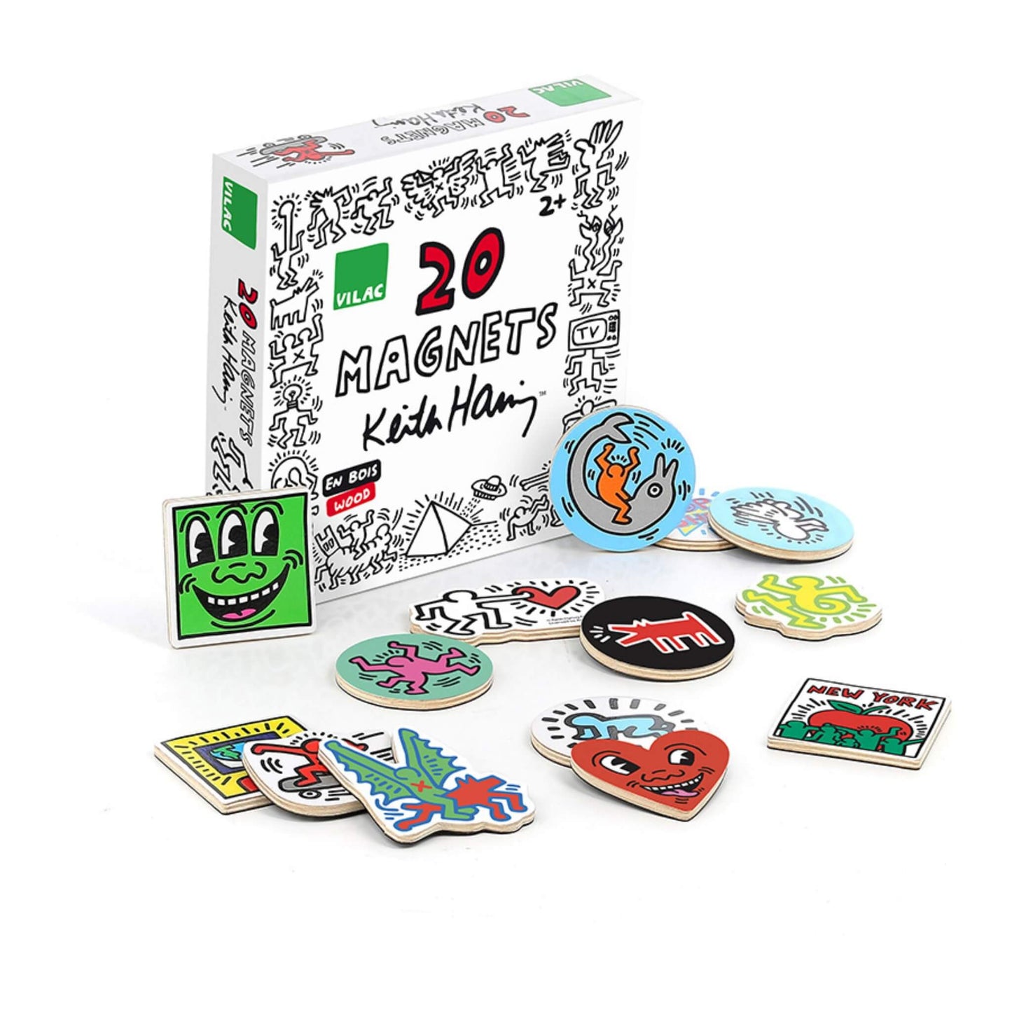 Vilac Keith Haring Magnets set of 20 wooden fridge magnets featuring bold pop art designs in a colourful display with the branded box.