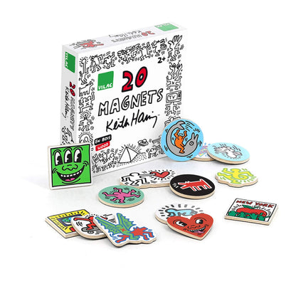 Vilac Keith Haring Magnets set of 20 wooden fridge magnets featuring bold pop art designs in a colourful display with the branded box.