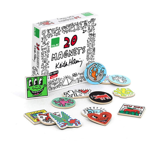 Vilac Keith Haring Magnets set of 20 wooden fridge magnets featuring bold pop art designs in a colourful display with the branded box.