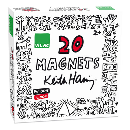 A close-up of the Vilac Keith Haring Magnets box with playful black line art illustrations and text highlighting the 20-piece wooden set.