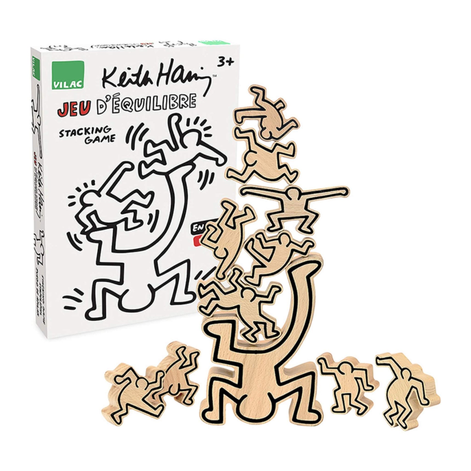 Vilac Keith Haring Stacking Figures set with wooden pieces shaped like Haring’s dancing characters shown beside the illustrated box.