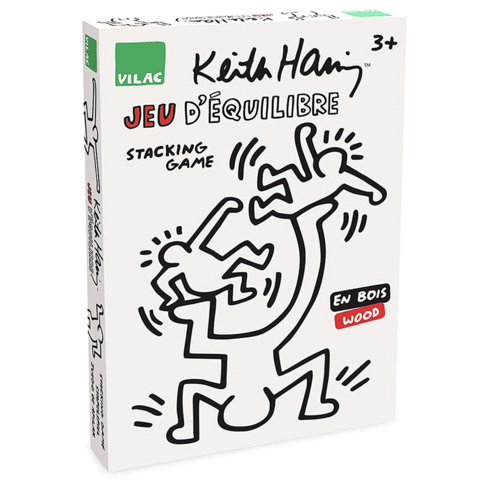 Rectangular box with Keith Haring’s bold black line art of dancing figures and the words ‘Jeu d’équilibre’ and ‘Stacking Game’ on the front.