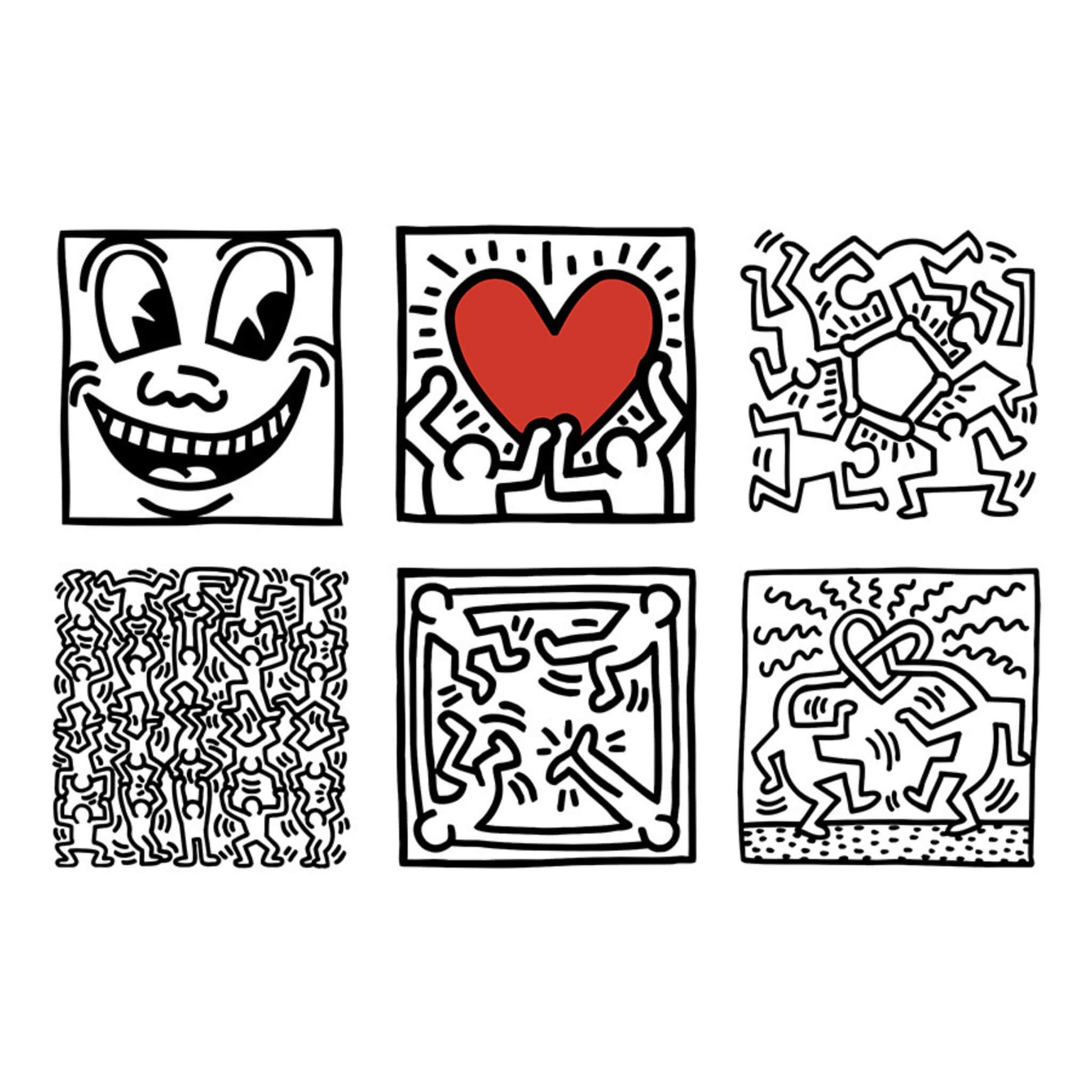 Six completed puzzles from the wooden cube set, each showing different Keith Haring illustrations including a smiling face, dancers, heart, and abstract line figures.
