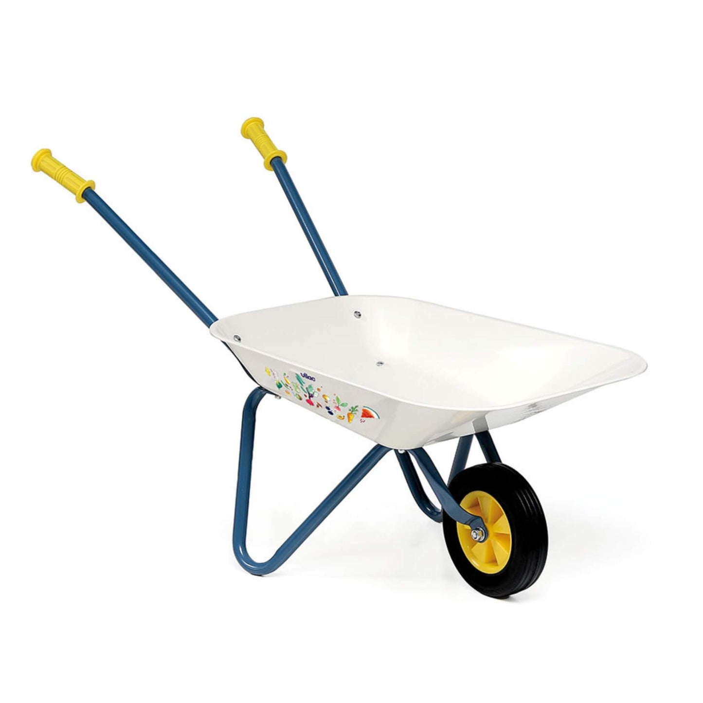 Vilac Little Gardeners Wheelbarrow metal toy wheelbarrow for kids with white tray, blue frame, yellow handles and single front wheel on a clean background.