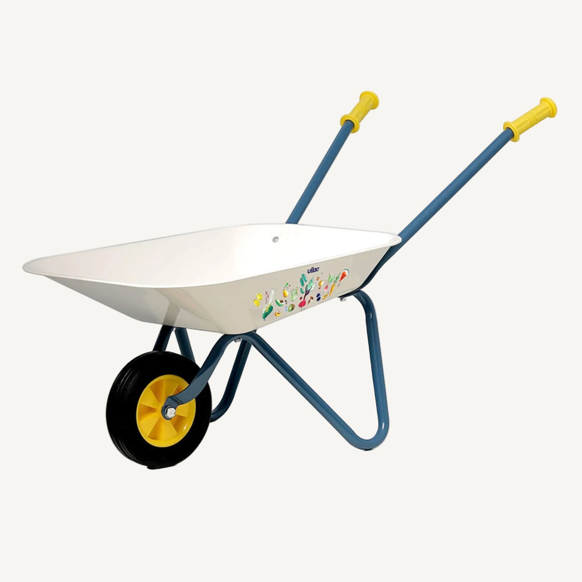 A child’s metal wheelbarrow toy shown from side angle with deep tray, sturdy frame and single front wheel designed for outdoor garden play.