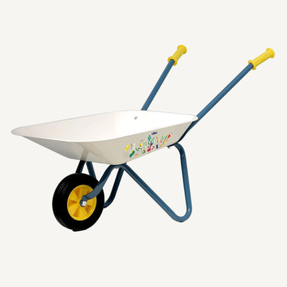 A child’s metal wheelbarrow toy shown from side angle with deep tray, sturdy frame and single front wheel designed for outdoor garden play.
