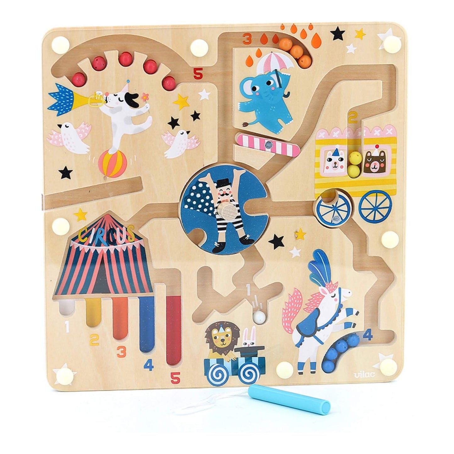 Vilac Circus Magnetic Maze featuring a wooden board with colourful circus illustrations, magnetic beads, a blue stylus, and winding tracks for children to guide.