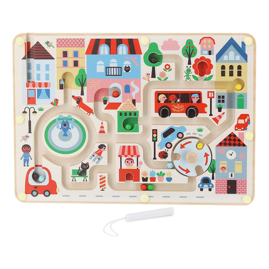 Vilac Magnetic Maze Town with colourful wooden board, city illustrations, magnetic beads and white stylus, designed to build coordination and problem-solving skills.