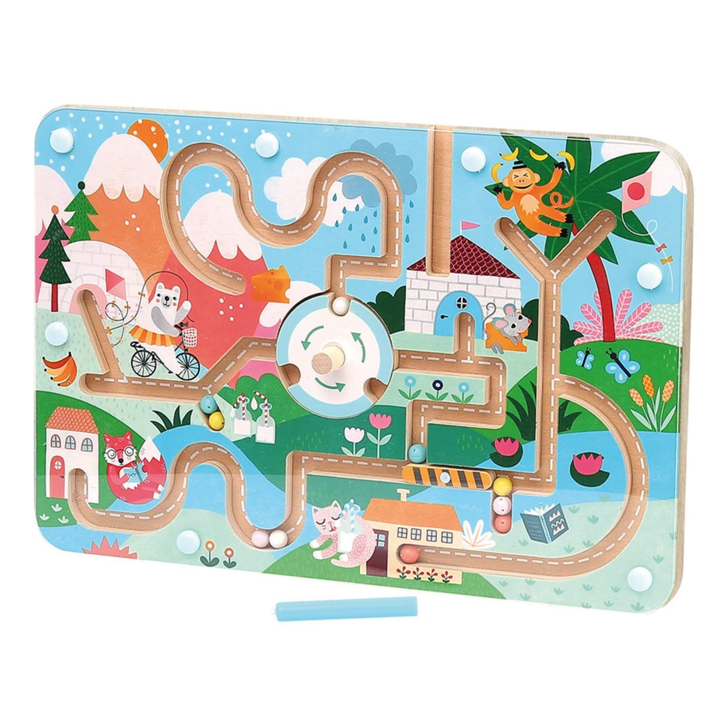 Vilac Magnetic Maze shown with a colourful wooden board featuring winding tracks, magnetic beads, playful animal illustrations and a blue magnetic pen.
