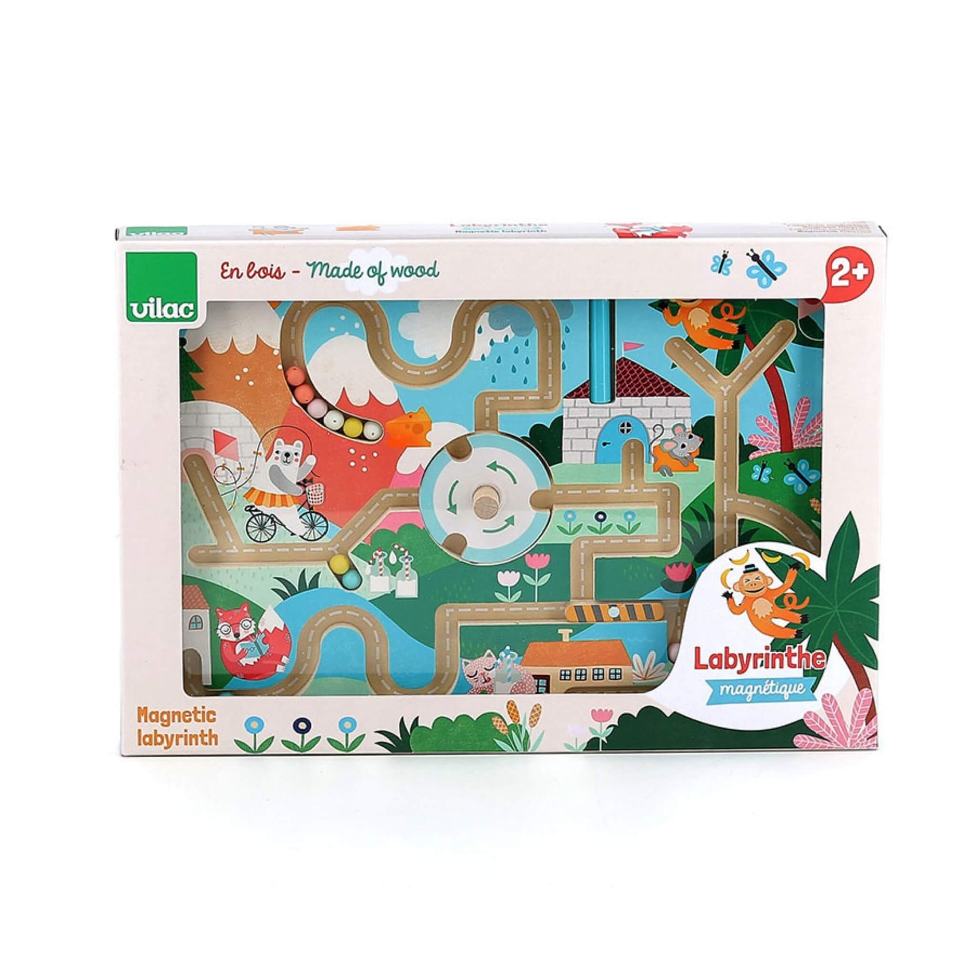 Front of the Vilac magnetic maze toy in its retail box, displaying the wooden board with animal illustrations and the words ‘Labyrinthe Magnétique’.