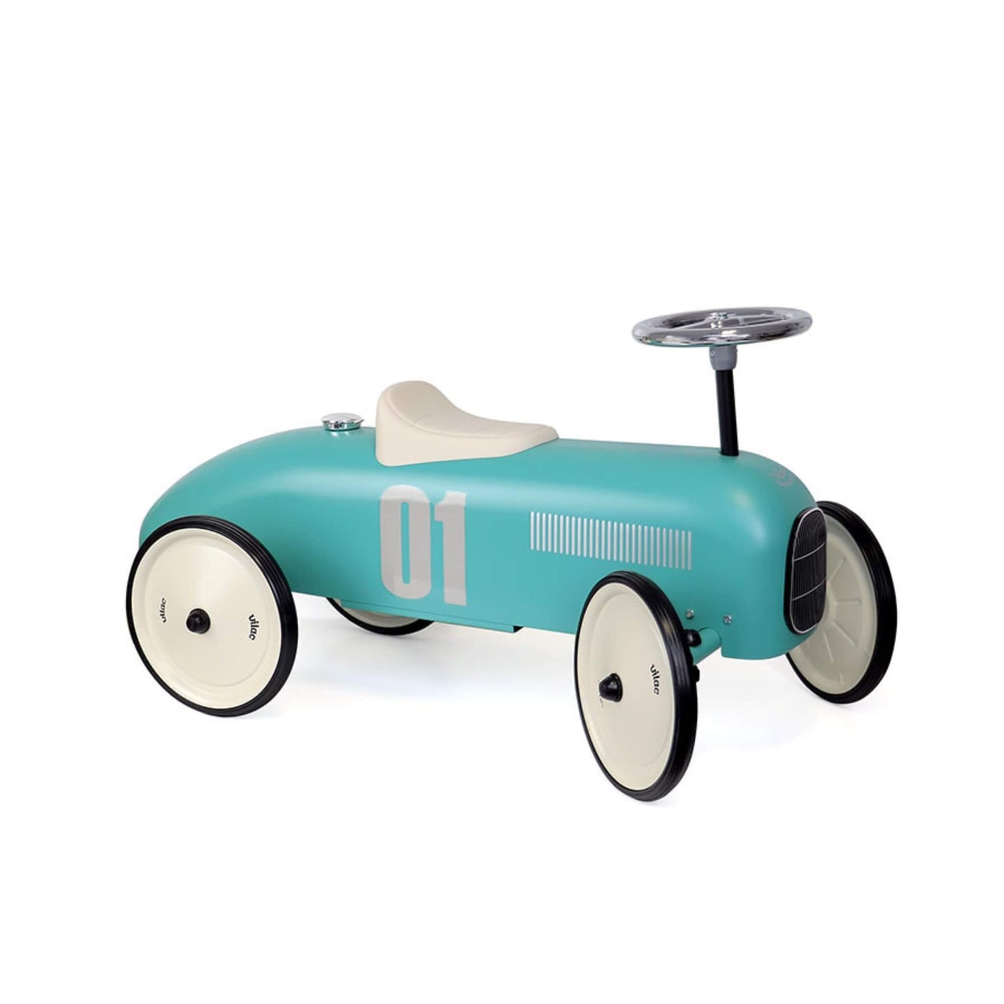 Vilac Aqua Metal Ride-On Car styled like a vintage racing car with four cream wheels, steering wheel, number 01 decal and a white seat.