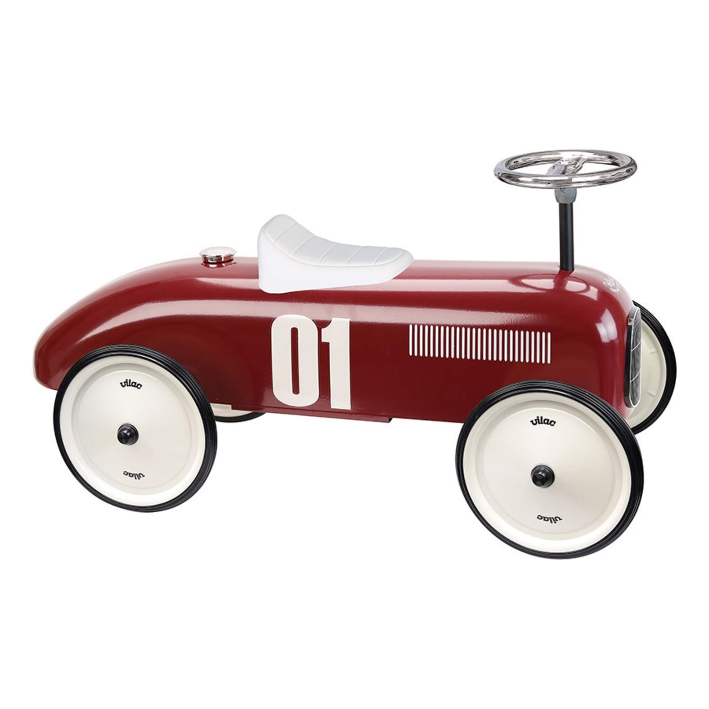 Vilac Burgundy Metal Ride-On Car styled like a vintage racing car with number 01 decal, four cream wheels, a white seat and chrome steering wheel.