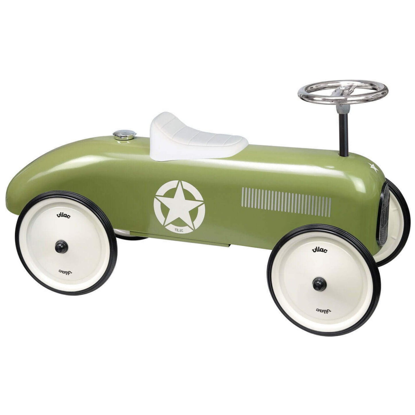 Vilac Khaki Metal Ride-On Car styled like a vintage racer with four cream wheels, a white seat, chrome steering wheel and star emblem.