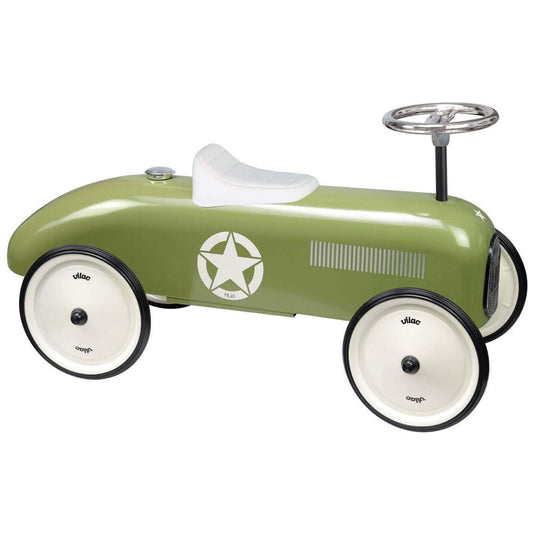 Vilac Khaki Metal Ride-On Car styled like a vintage racer with four cream wheels, a white seat, chrome steering wheel and star emblem.