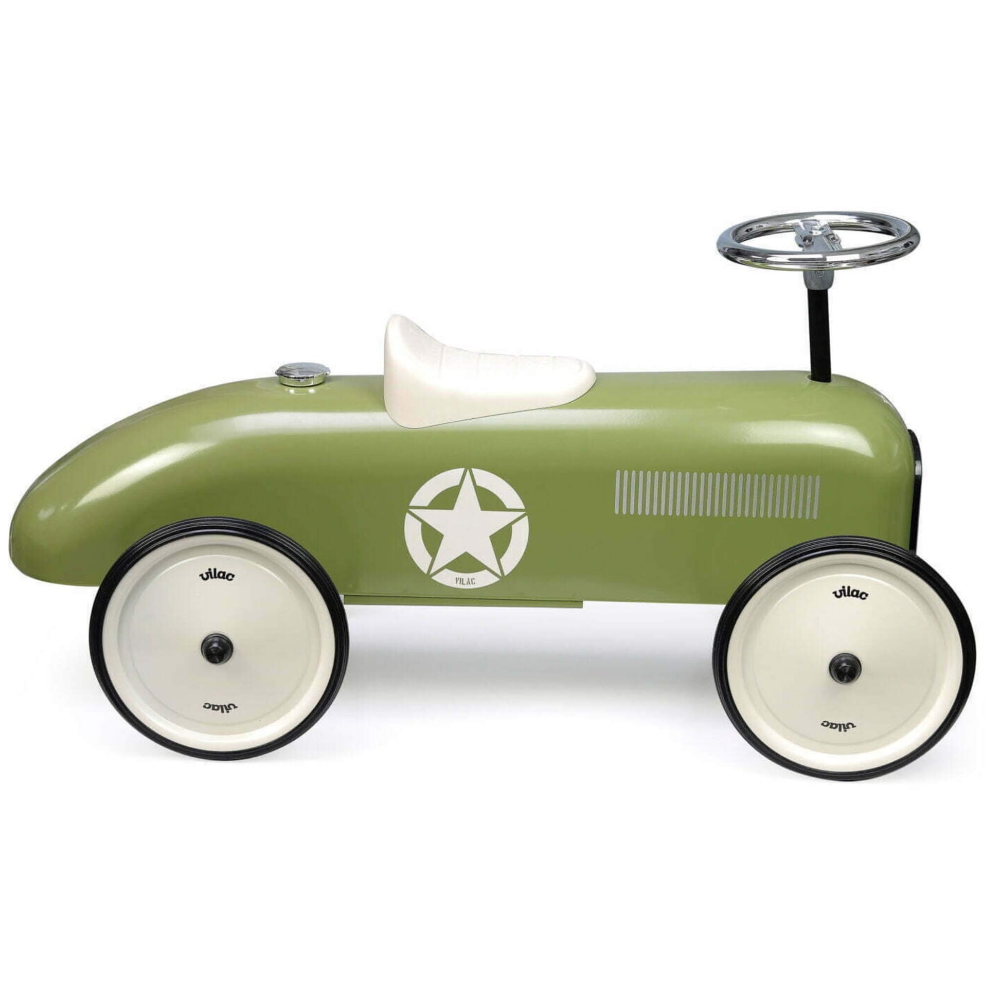 A green metal ride-on car with cream wheels, white seat and steering wheel, against a white background.