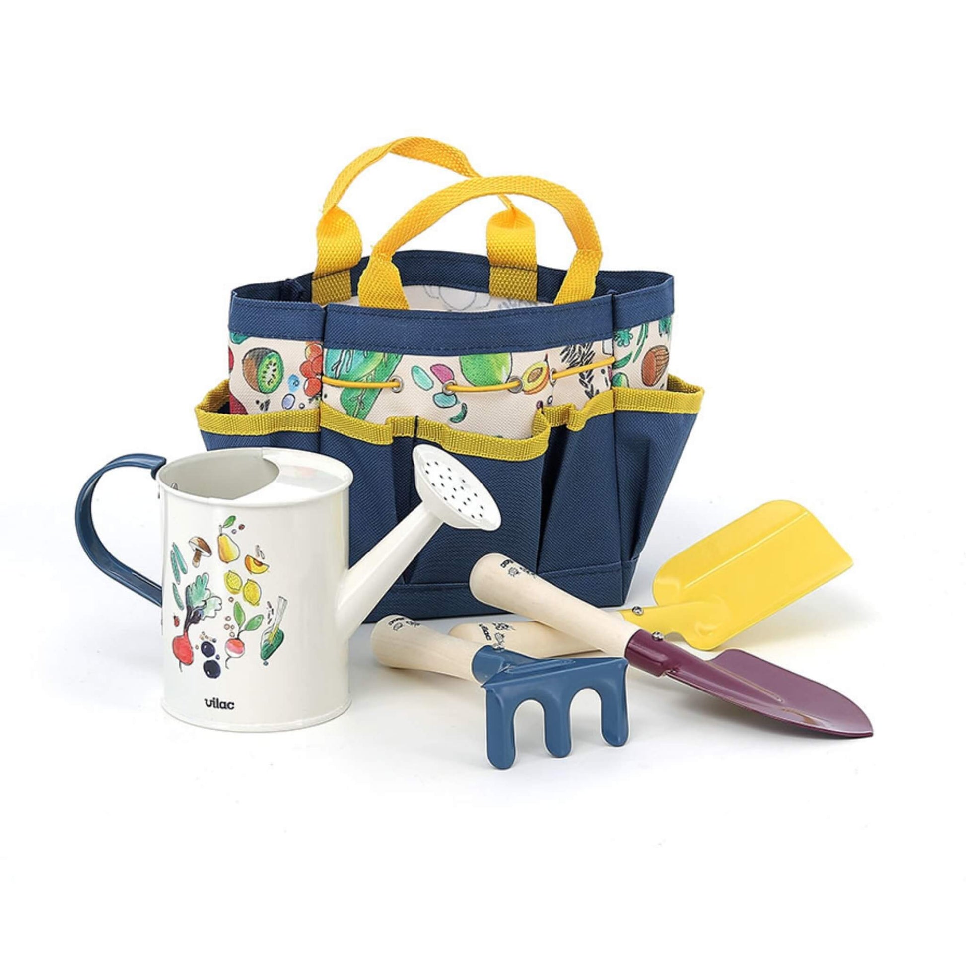 Vilac My Little Garden Tools set with a blue and yellow fabric carry bag, a white metal watering can decorated with fruit and vegetable illustrations, and three child-sized garden tools.