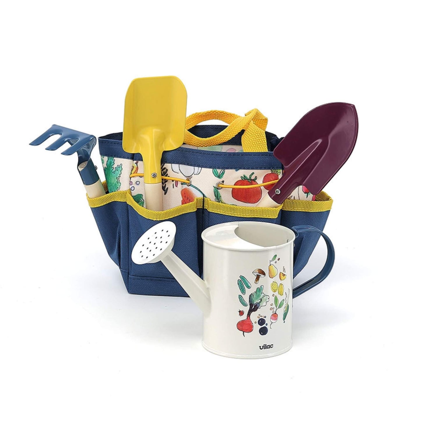 A children’s gardening set with a watering can and tools arranged in front of a blue and yellow fabric bag decorated with fruit and vegetable prints.