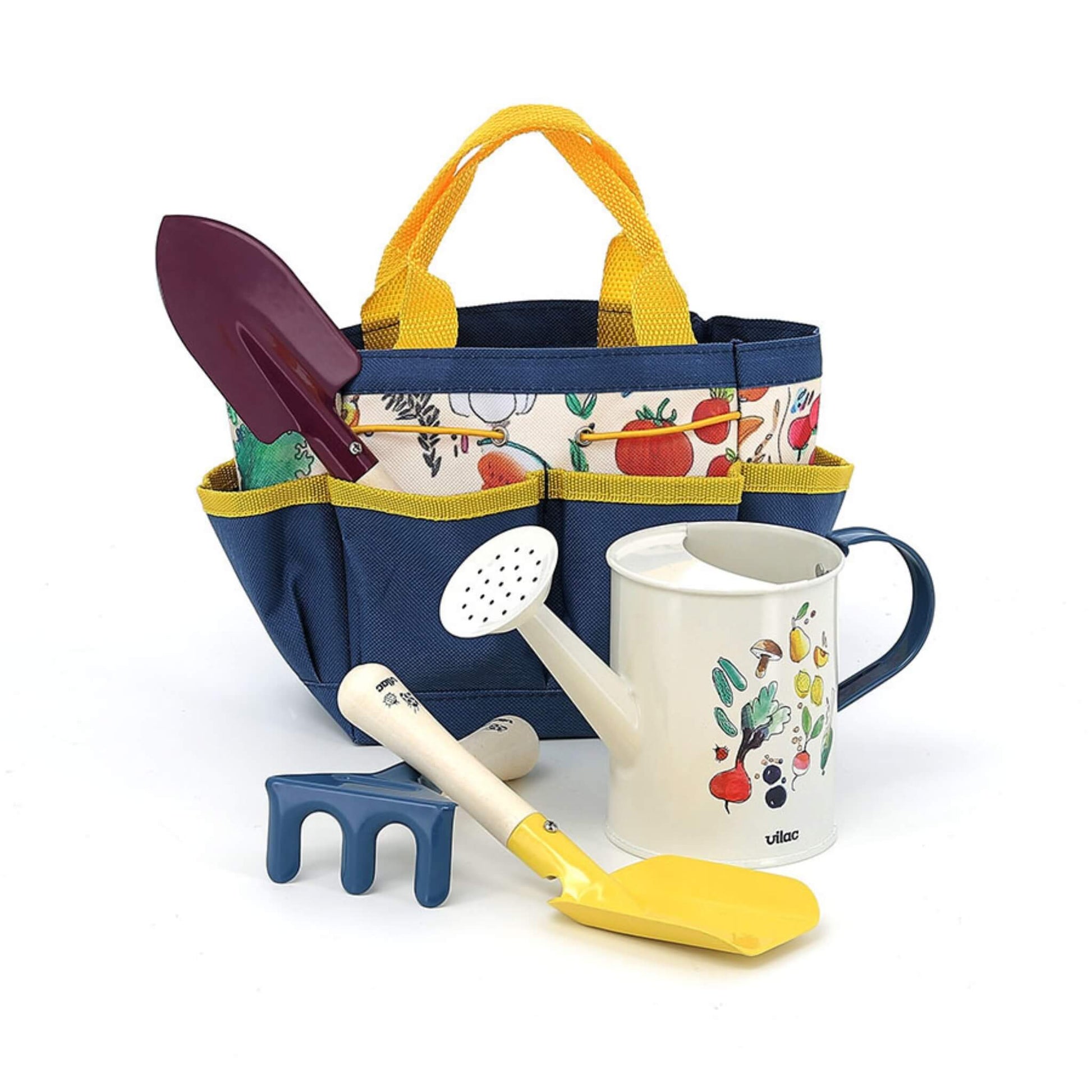 A children’s watering can with painted fruit and vegetables placed beside a yellow spade, purple trowel and blue hand rake, all stored in a blue and yellow fabric bag.