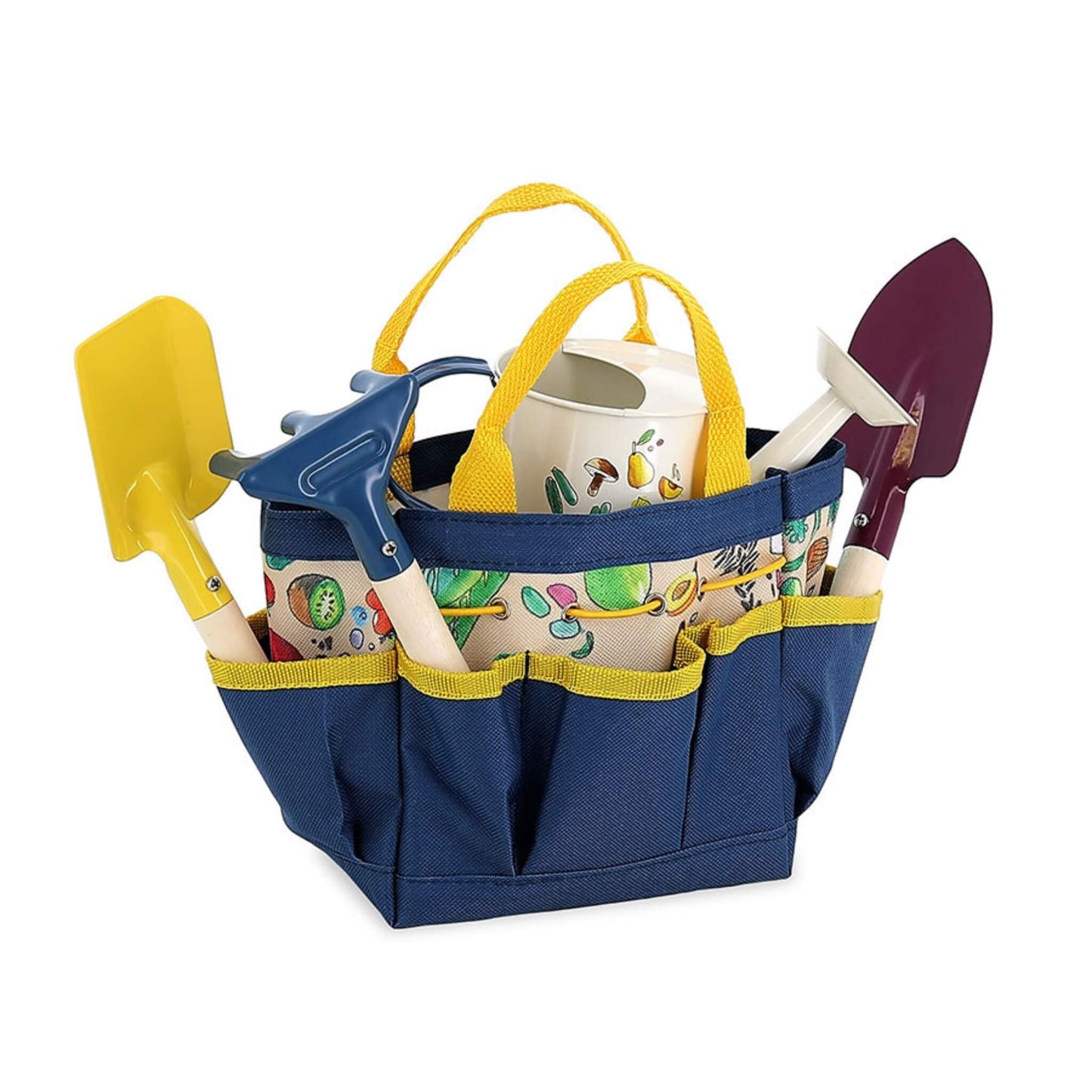 A fabric kids gardening bag with yellow handles and fruit and vegetable patterned pockets, holding a watering can, a trowel, a spade and a rake.
