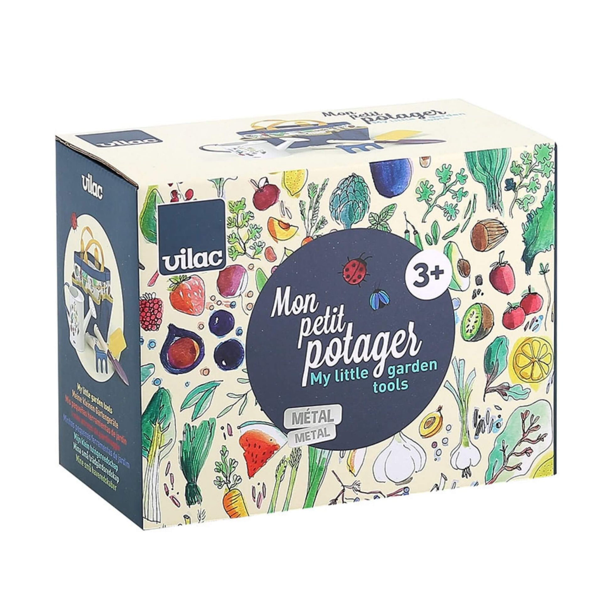 A Vilac My Little Garden Tools packaging box decorated with fruit and vegetable illustrations, featuring the product name “Mon petit potager” and an image of the gardening set on the side.