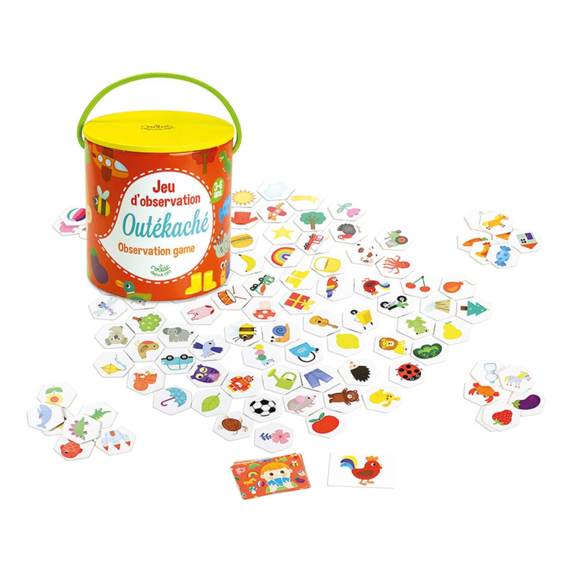 Vilac Outékaché Observation Game in a round red storage box with yellow lid, shown with illustrated wooden tiles scattered around.