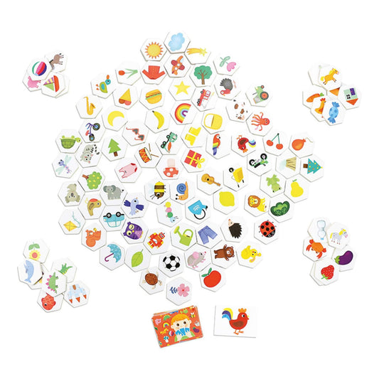 A collection of colourful hexagonal wooden tiles laid out, each featuring an illustrated object such as animals, fruits, toys and everyday items.