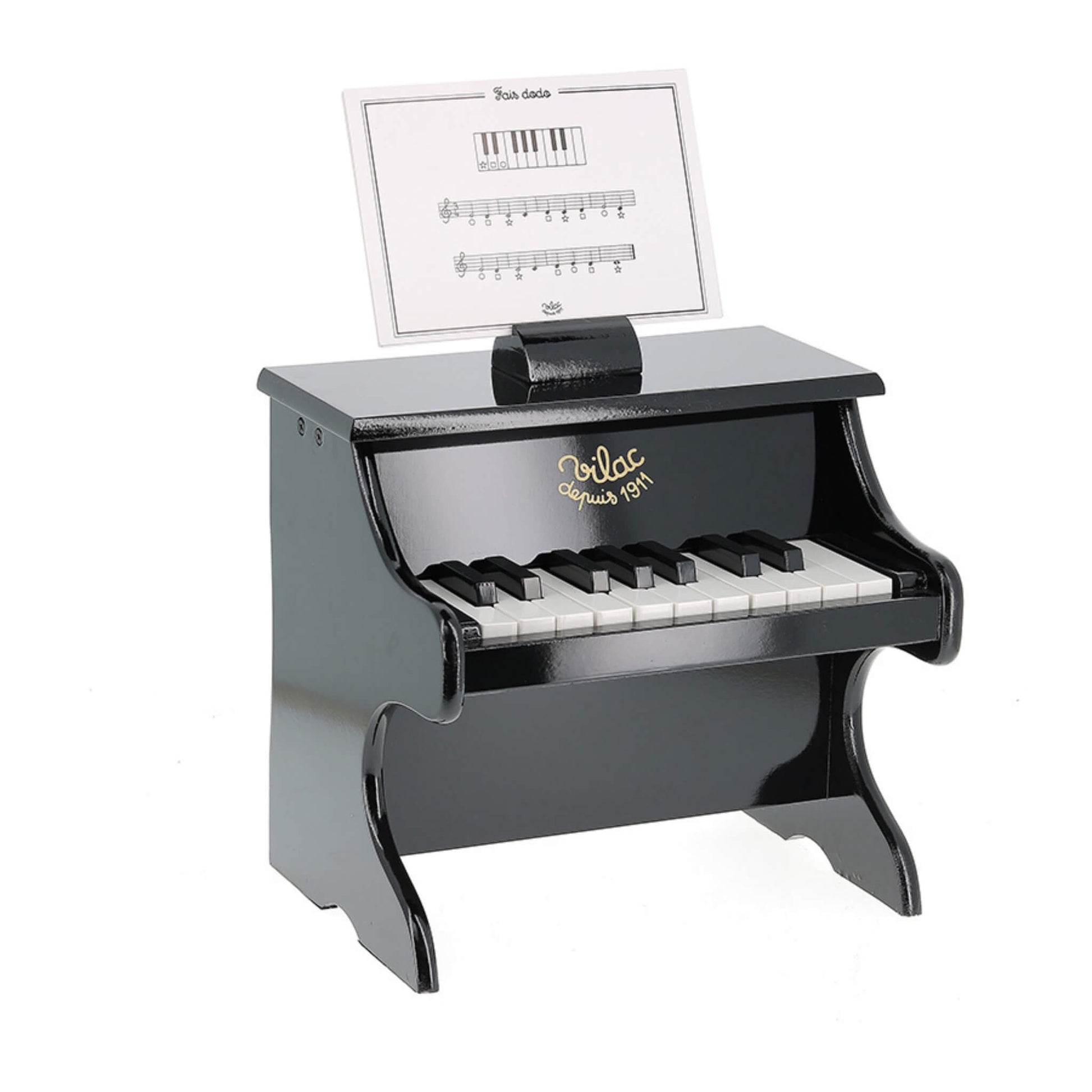 Vilac Black Wooden Toy Piano with music score holder and sheet music included, a miniature upright piano designed for children aged 3 years and up.