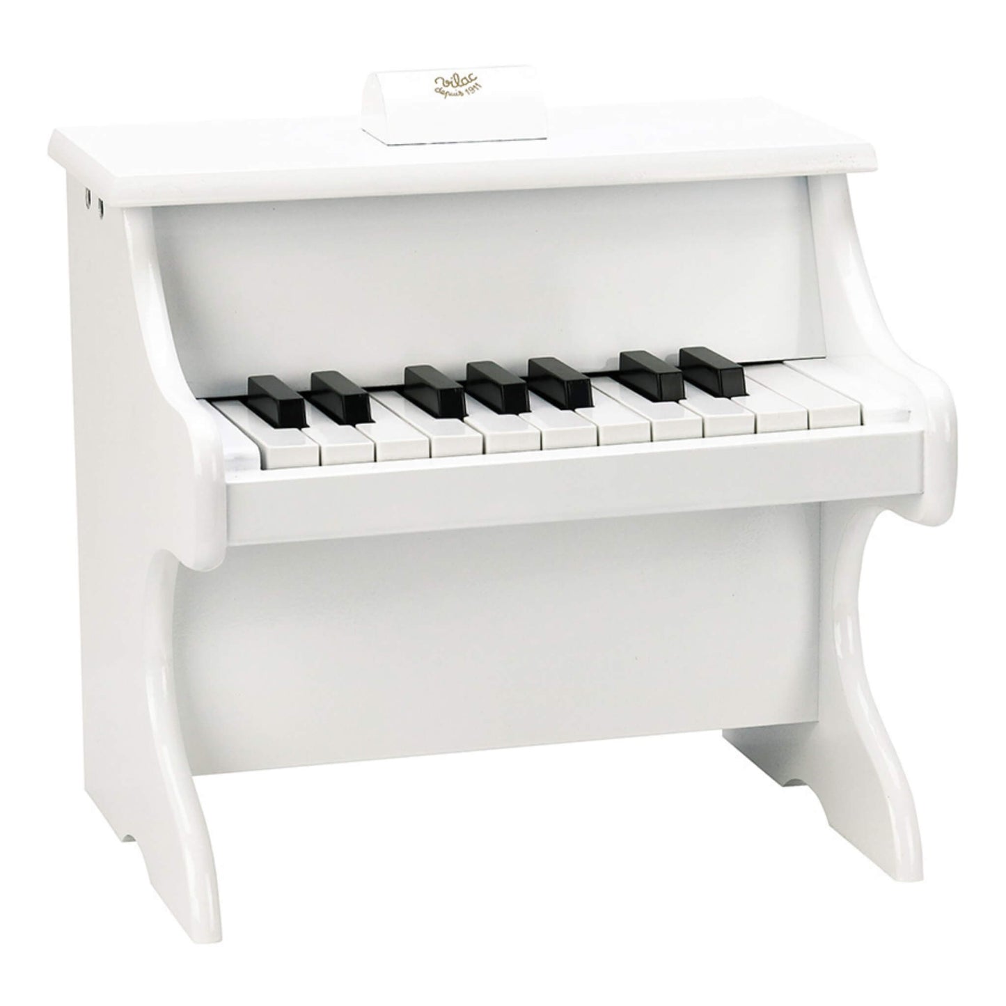 Vilac White Wooden Toy Piano with upright design and black keys, a miniature piano for children aged 3 years and up.