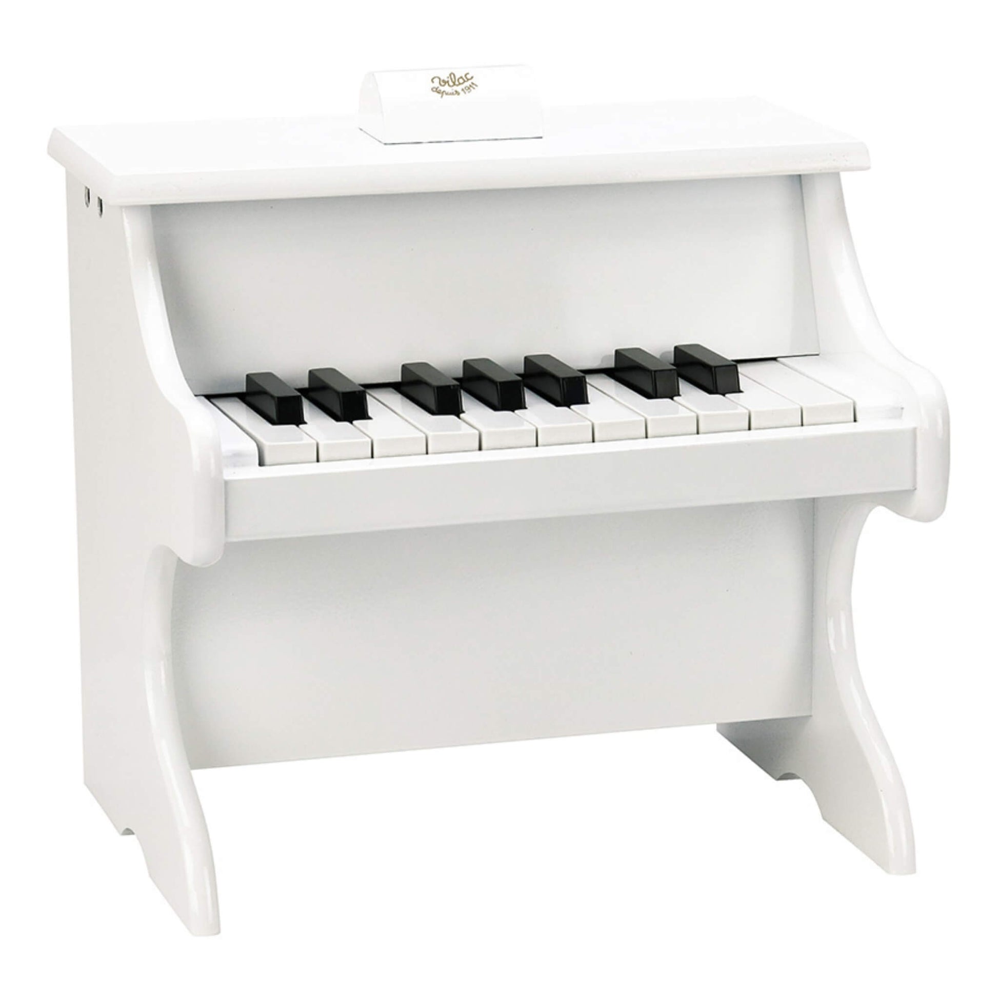 Vilac White Wooden Toy Piano with upright design and black keys, a miniature piano for children aged 3 years and up.