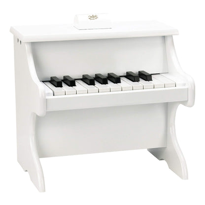 Vilac White Wooden Toy Piano with upright design and black keys, a miniature piano for children aged 3 years and up.