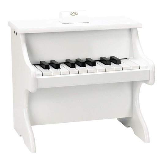 Vilac White Wooden Toy Piano with upright design and black keys, a miniature piano for children aged 3 years and up.