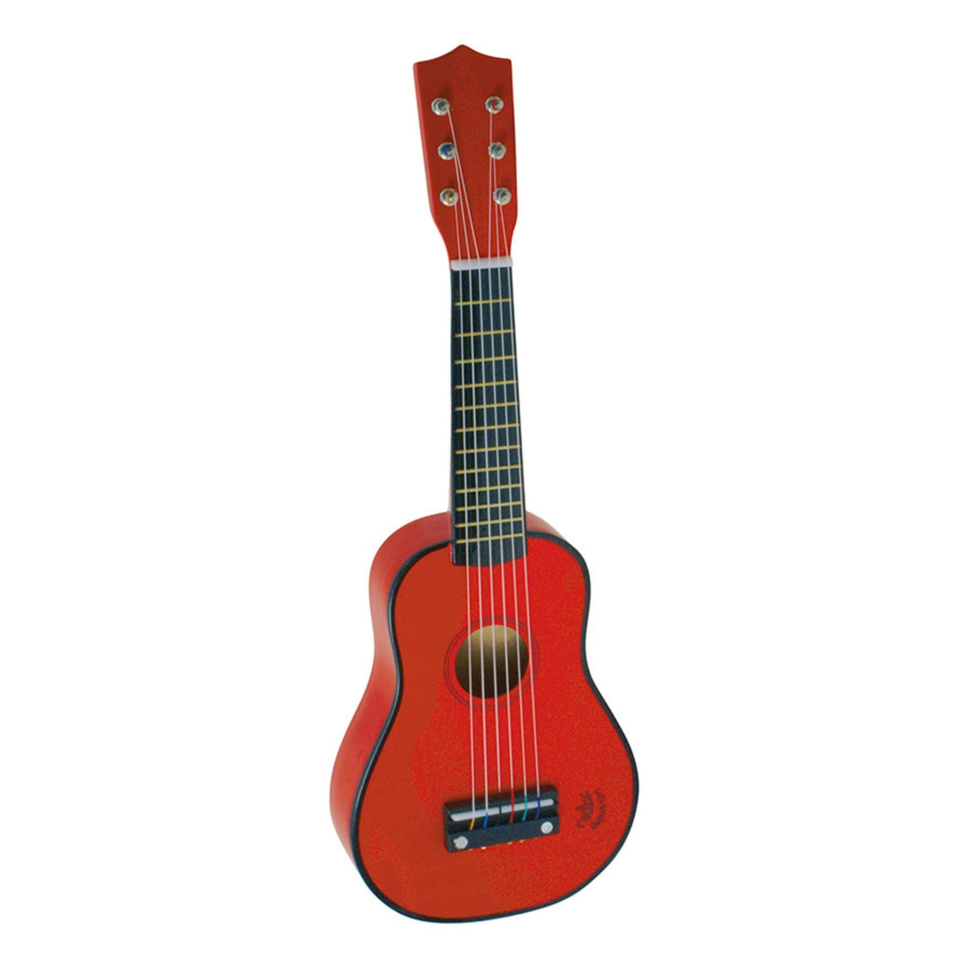 Vilac Red Wooden Toy Guitar with six strings, bright red body and classic acoustic shape designed for young children learning to play music.