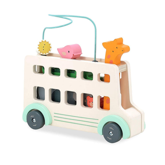 Vilac Sarah Betz Animal Bus wooden activity toy with animal shapes, bead maze and pastel bus design.