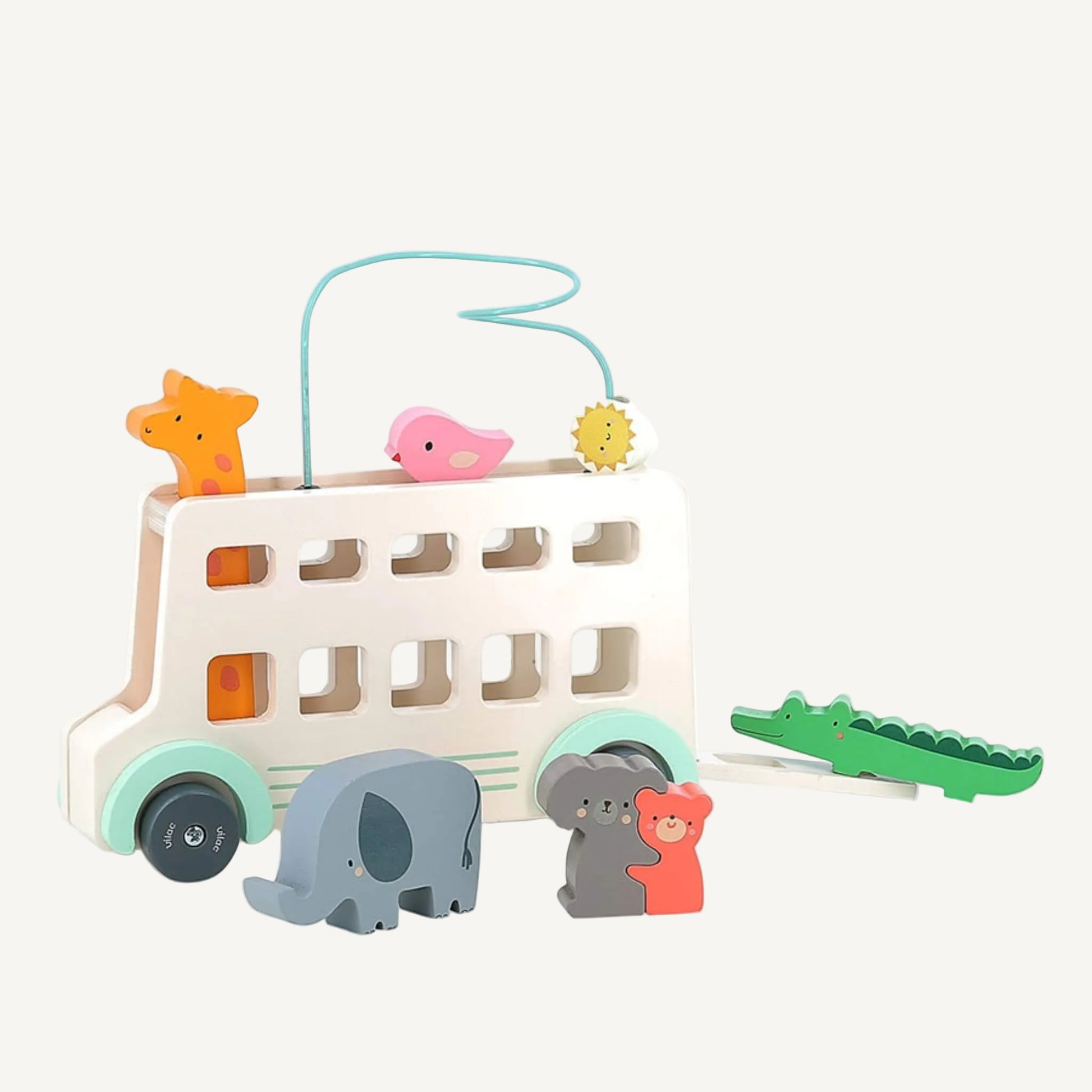 Wooden animal bus activity toy with removable elephant, crocodile, giraffe and bear shapes.