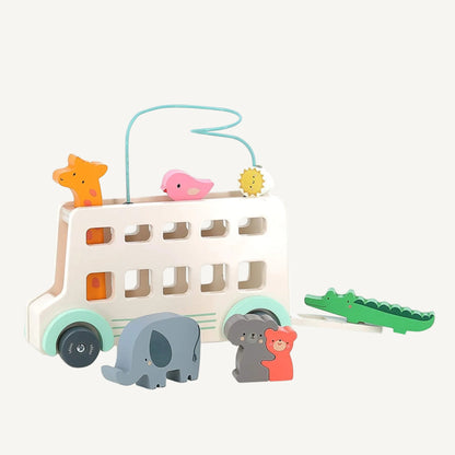 Wooden animal bus activity toy with removable elephant, crocodile, giraffe and bear shapes.