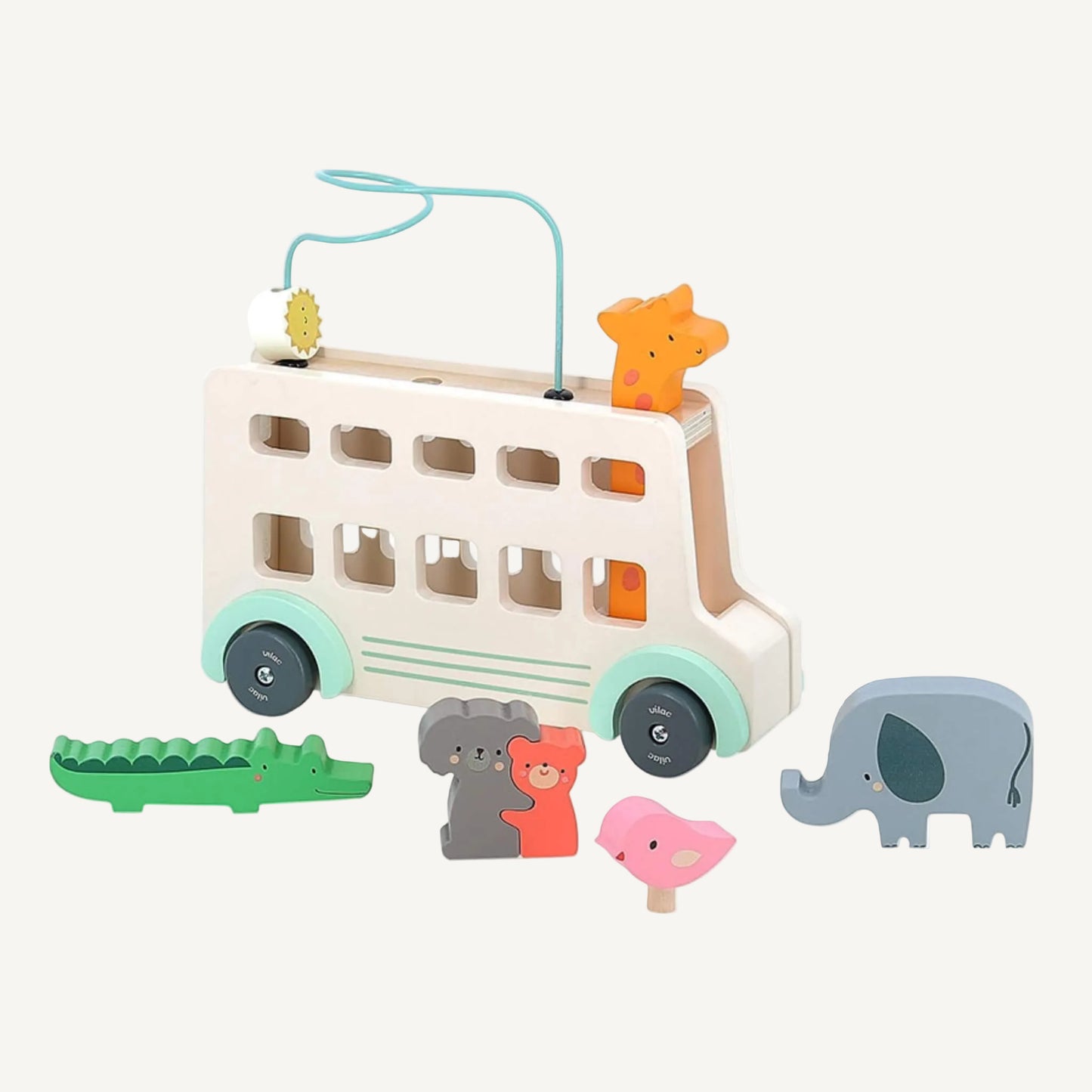Pastel wooden bus activity toy with removable animal pieces including crocodile, elephant and bird.