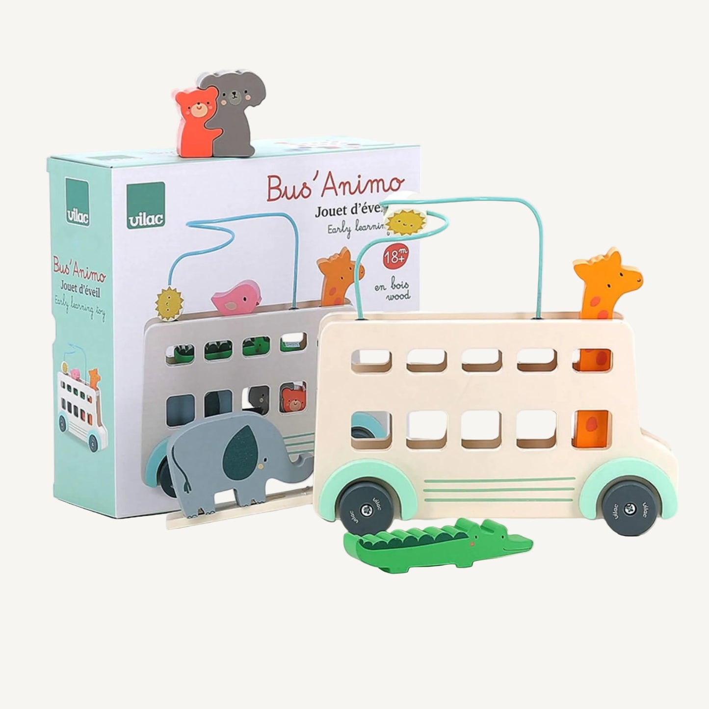 Wooden Bus activity toy shown with packaging box and removable wooden animal pieces.
