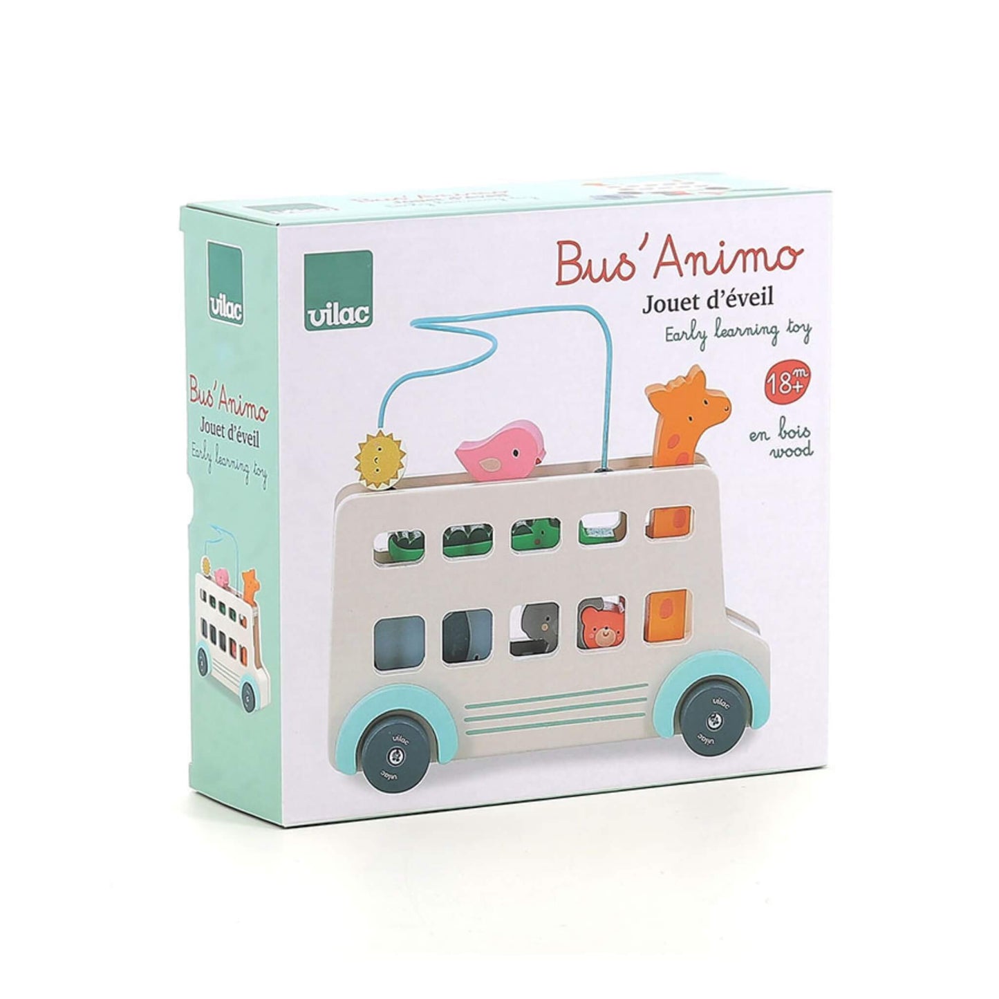 Early learning toy packaging showing wooden activity bus with animal shapes and bead maze.