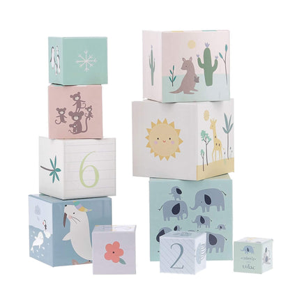Vilac Sarah Betz Animal Nesting Cubes set of 10 stacking blocks decorated with pastel animals, numbers and nature illustrations, shown arranged for play