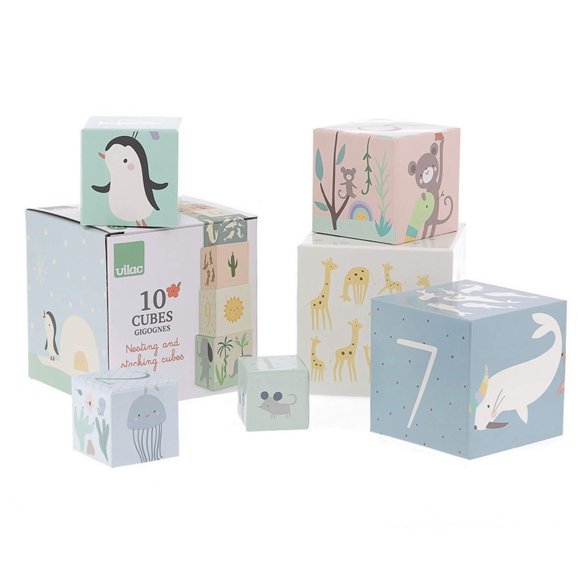 Stacking toy cubes in pastel colours with penguins, mice, giraffes and a narwhal, shown beside the nesting cube box.