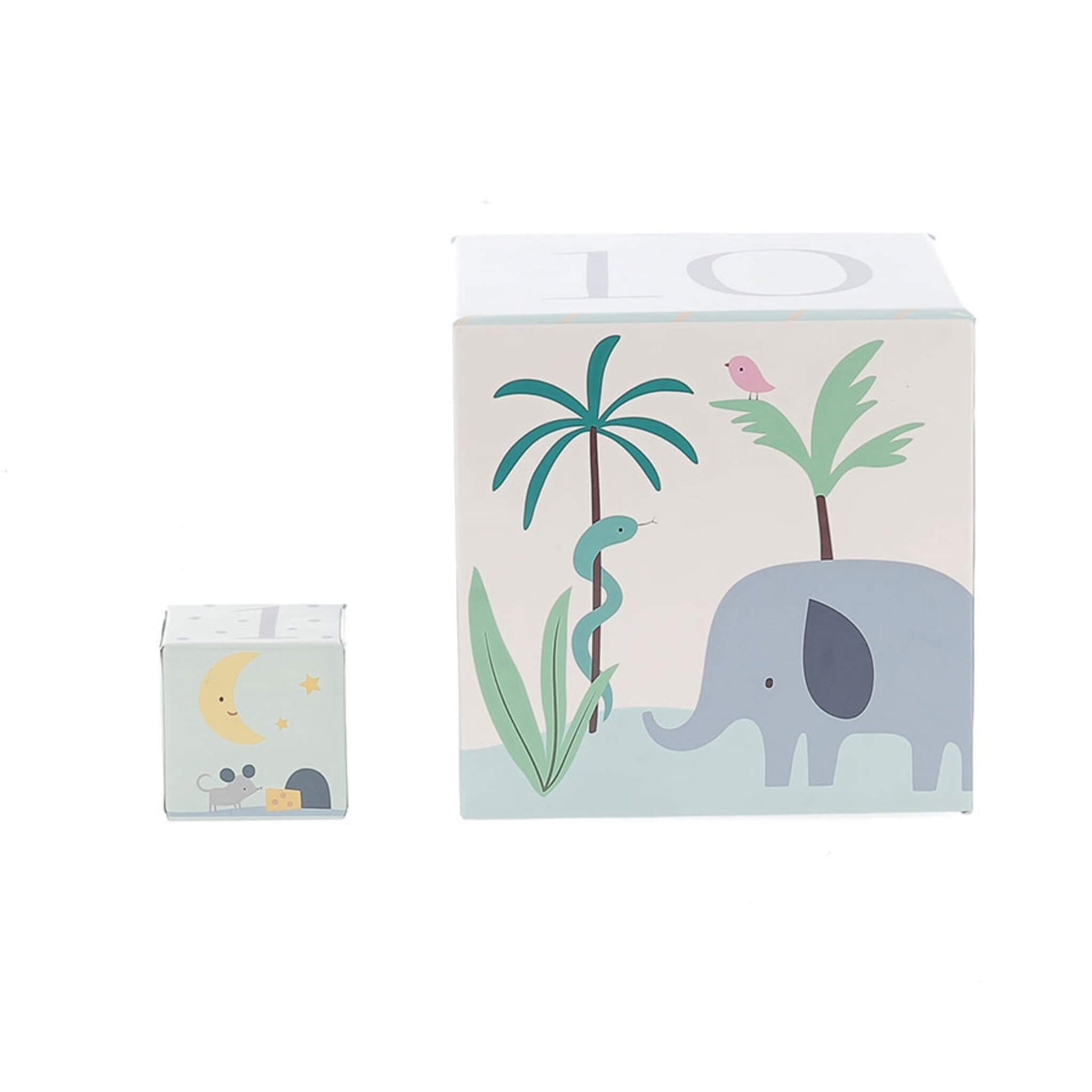 Two stacking cubes for toddlers, one with an elephant and palm tree and one with a moon and mouse illustration.