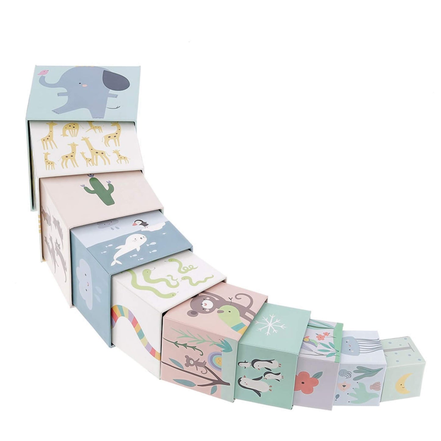 Row of nesting blocks laid out in size order, featuring animal illustrations such as snake, rainbow and jellyfish