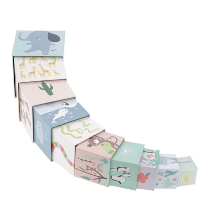 Row of nesting blocks laid out in size order, featuring animal illustrations such as snake, rainbow and jellyfish