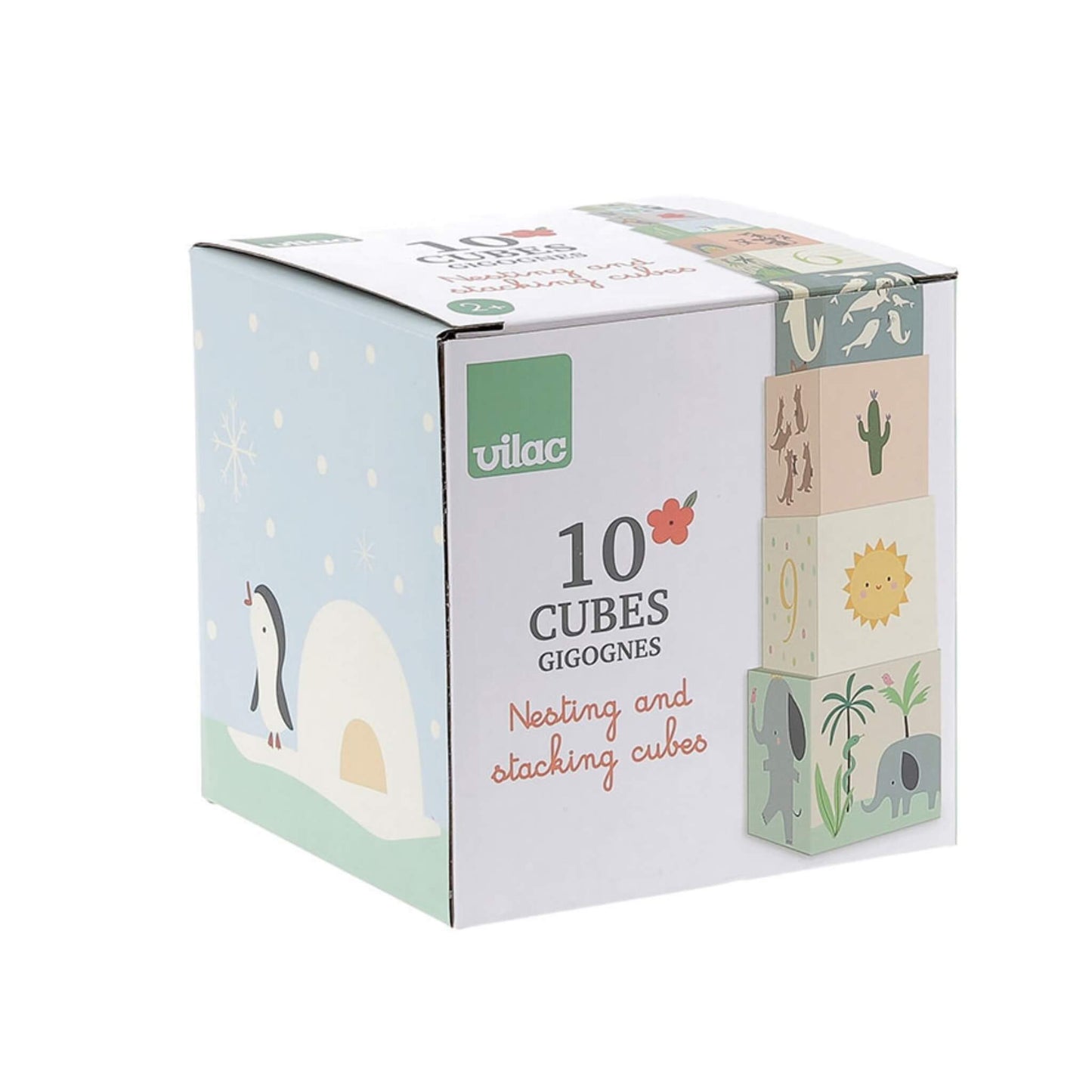 Close-up of packaging for the 10 piece nesting cube set with colourful animal and number illustrations.